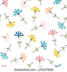 Modern Colorful Flowers Pattern, Cute Minimalist Floral Seamless Vector Pattern 