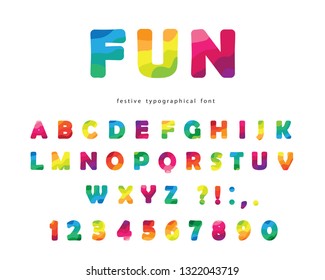 Modern colorful font. Bright ABC letters and numbers isolated on white. Trendy flexible alphabet. Vector