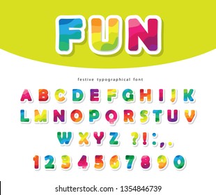 Modern colorful font. Bright paper cut out ABC letters and numbers. Trendy flexible alphabet. Vector