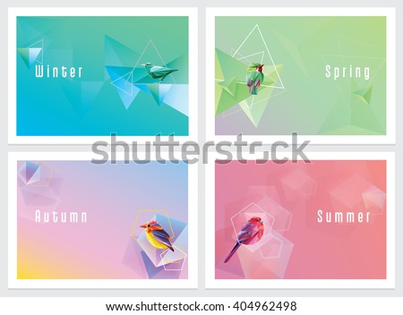 Modern colorful four seasons wallpapers with geometric shapes and birds. Winter, spring, autumn and summer concept background templates
