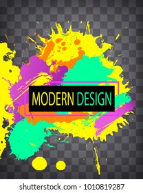 Modern colorful frame design with splashes and halftones on a chequered background.