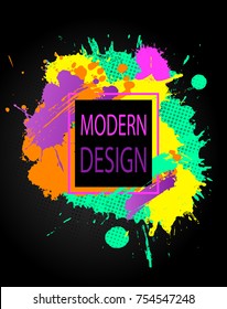 Modern colorful frame design with splashes and halftones on a dark background.