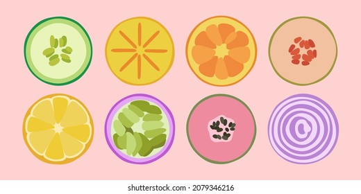 Modern colorful fruits and vegetables. Different colors and styles.