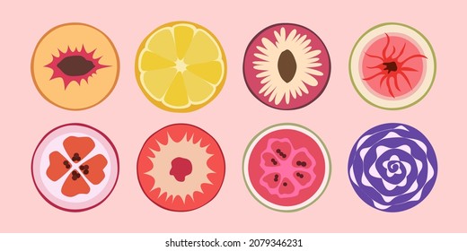 Modern colorful fruits and vegetables. Different colors and styles.