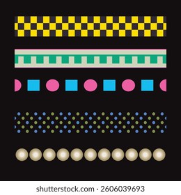 Modern and colorful geometric border set featuring shapes like squares, circles, and dots. Ideal for pop art, fashion graphics, and children’s designs.