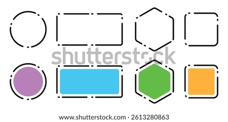 Modern Colorful Geometric Shapes Vector Pack with Dashed Outline Borders, Isolated Rounded Square, Circle, Rectangle, Hexagon Icons, Editable Transparent Background PNG, quote box or message box set