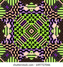 Modern colorful geometric vector seamless pattern. Ornamental abstract trendy background. Striped geometry rough ornament with stripes, splatters, squares, triangles. Stylish design. Endless texture.