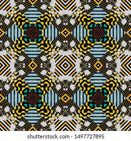 Modern colorful geometric vector seamless pattern. Ornamental abstract trendy background. Striped geometry rough ornament with stripes, stars, dots, splatters, squares, triangles. Stylish design.
