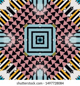 Modern colorful geometric vector seamless pattern. Ornamental abstract trendy background. Striped geometry rough ornament with stripes, stars, dots, splatters, squares, triangles. Stylish design.