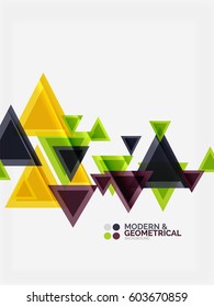 Modern colorful geometrical triangles with shiny glossy effect with sample text. Vector abstract background design template for your slogan, message or presentation