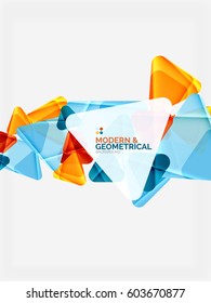 Modern colorful geometrical triangles with shiny glossy effect with sample text. Vector abstract background design template for your slogan, message or presentation