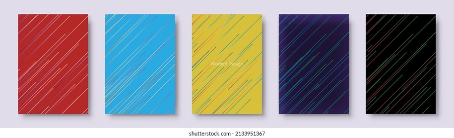 Modern colorful gradient striped cover, frame design set. Luxury creative dynamic line pattern in premium colors. Vector colors background for business brochure, notebook, menu template