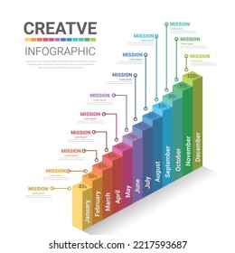 Modern colorful graph 12 months, 1 year, can be used for workflow layout, diagram, number step up options.