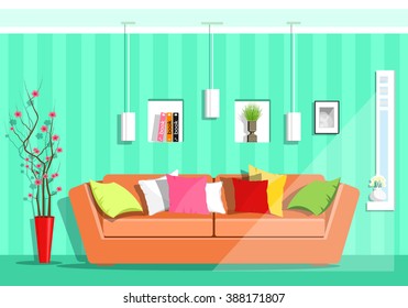 Modern colorful graphic living room with window. Flat style sofa, pillows, lamps, shelves, vase with sakura flowers. Vector illustration