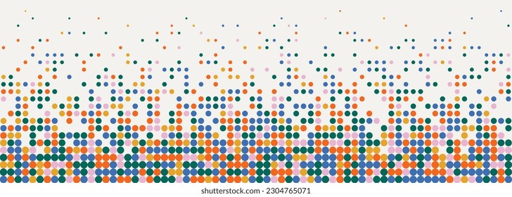 Moderner bunter halftoner Polka Punkt horizontaler Panoramablick Hintergrund. Unterer Rahmen mit Kopienraum. Punkte in verblassten Matrixmustern. Abstrakter weißer Hintergrund mit bunten, gefleckten Ornamenten