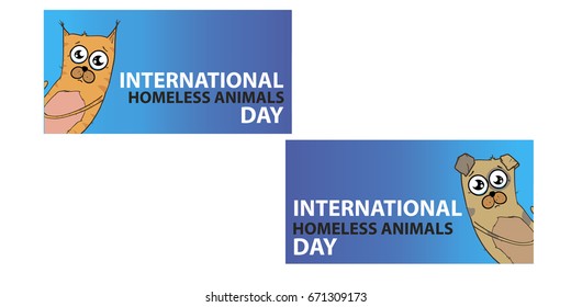 Modern colorful horizontal banners template. International homeless animals day. Cute cat and dog. Vector illustration for web design. Pets adoption concept.