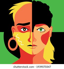 Modern colorful illustration of a human face divided into quarters representing different racial and gender group as a metaphor for diversity, EPS 8 vector illustration