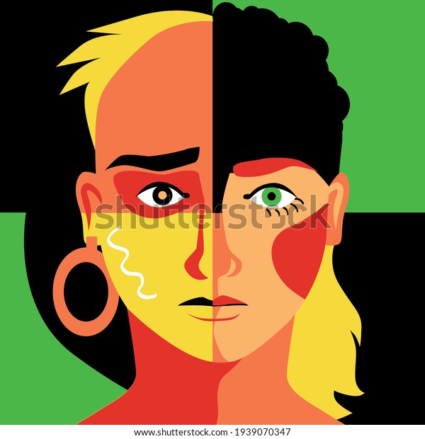 Modern colorful\
illustration of a human face divided into quarters representing\
different racial and gender group as a metaphor for diversity, EPS\
8 vector illustration