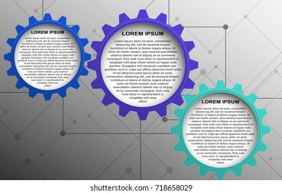 Modern colorful infographic 3 cog 3 option. Template illustration for company presentation slide or show options, steps or processes. Big metal wheel on futuristic tech background. High quality.