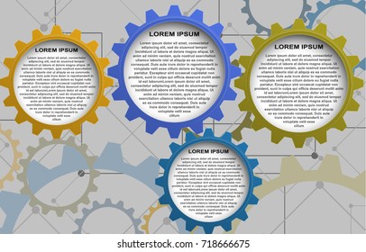 Modern colorful infographic 4 cog 4 option. Template illustration for company presentation slide or show options, steps or processes. Big metal wheel on futuristic tech background. High quality.