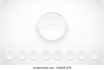 Modern colorful infographics with eight or nine options. Can be used as a template for presentations such as commerce. The figure shows the center button. Seamless pattern of hexagons.