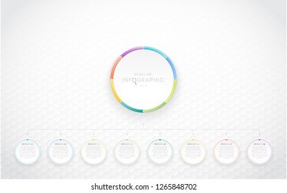 Modern colorful infographics with eight or nine options. Can be used as a template for presentations such as commerce. The figure shows the center button. Seamless pattern of hexagons.