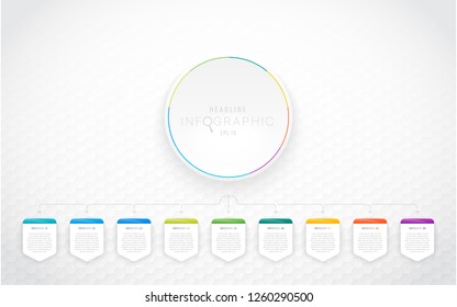Modern colorful infographics with nine or ten options. Can be used as a template for presentations such as commerce. The figure shows the center button. Seamless pattern of hexagons.