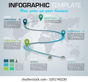 Modern colorful infographics options template vector with timeline and world map in blue color