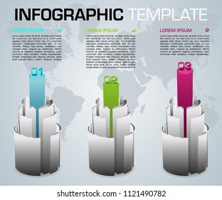 Modern colorful infographics options template vecto with 3D cylinder and world map