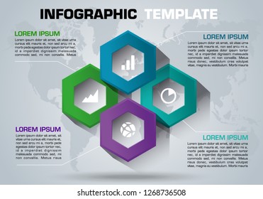 Modern colorful infographics options template vector with colorful hexagon and world map