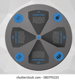 Modern colorful infographics options template vector with grey circle and blue text. Can be used for web design, brochure, presentations and workflow layout.