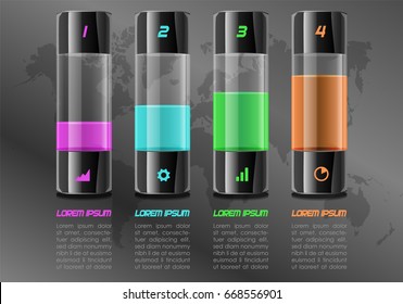 Modern colorful infographics options template vector with cylinders with world map on background
