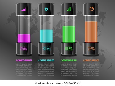 Modern colorful infographics options template vector with metalic cylinders with world map on background