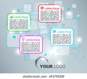 Modern colorful infographics options template vector with rectangle elements and world map in blue