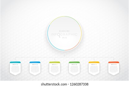 Modern colorful infographics with six or seven options. Can be used as a template for presentations such as commerce. The figure shows the center button. Seamless pattern of hexagons.