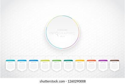 Modern colorful infographics with ten or eleven options. Can be used as a template for presentations. The figure shows the center button. Seamless pattern of hexagons.