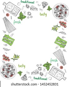 Modern colorful Italian food menu elements. Simple geometrical squares design with green and yellow colors. sketch artwork pattern layout with symbols, traditional pattern margin, diamond shaped frame