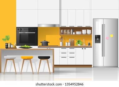 Modern colorful kitchen interior background , vector , illustration