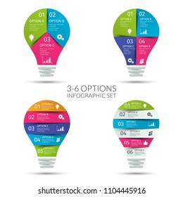 Modern colorful light bulb infographic set. Business concept with 3 4 5 6 options, parts, steps or processes. Template for presentation, chart, graph. Vector illustration.