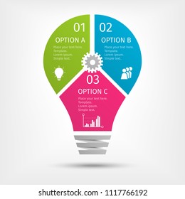 Modern colorful light bulb infographics. Business startup idea lamp concept with 3 options, parts, steps or processes. Template for presentation, chart, graph. Vector illustration.