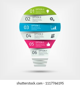 Modern colorful light bulb infographics. Business startup idea lamp concept with 6 options, parts, steps or processes. Template for presentation, chart, graph. Vector illustration.