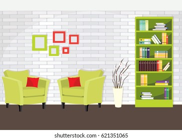Modern colorful living room interior with frames, armchairs and book shelves. Flat style vector illustration