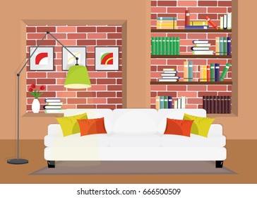 Modern colorful living room interior with sofa, frames and book shelf. Flat style vector illustration