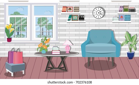 Modern colorful living room interior design with large window. Comfortable stylish furniture - table, armchair, chair, shelves with books and flowerpots. Flat style vector illustration.