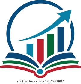 Modern colorful logo featuring an open book, rising bar chart, upward arrow, and circular frame. Ideal for schools, online learning, business training, financial education, coaching, career development, and academic success branding.