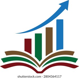 Modern colorful logo featuring an open book, rising bar chart, and upward arrow. Ideal for schools, online learning, business training, financial education, coaching, career development, and academic success branding