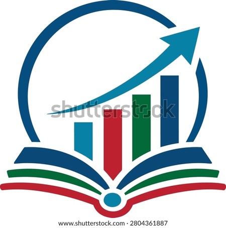 Modern colorful logo featuring an open book, rising bar chart, upward arrow, and circular frame. Ideal for schools, online learning, business training, financial education, coaching, career development, and academic success branding.