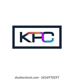 Um logotipo moderno e colorido "KPC" dentro de um quadro retangular preto, apresentando uma transição de cor gradiente para apelo dinâmico