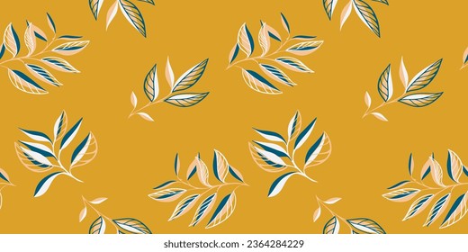 Modern, colorful, minimalistic, abstract leaves pattern. Vector hand drawn leaf silhouettes print. Template for design, textile, fashion, print, surface design, paper, cover, fabric, interior decor