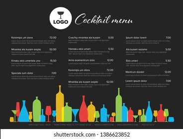 Modern colorful minimalistic cocktail menu template with three columns horizontal design layout and nice typography - dark version